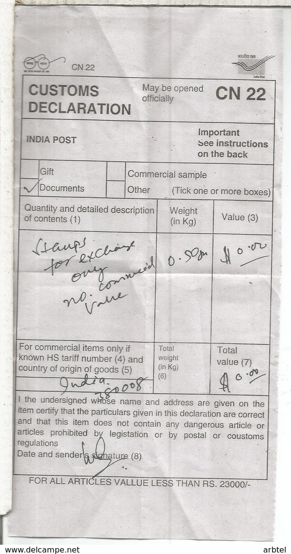 INDIA CN22 CUSTOMS LABEL FORMULARIO ADUANA - Cartas & Documentos