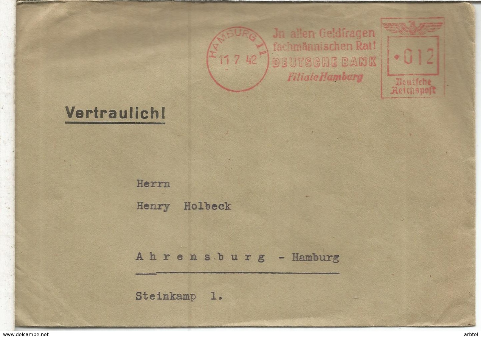 ALEMANIA REICH 1942 HAMBURG FRANQUEO MECANICO DEUTSCHE BANK METER - Cartas & Documentos