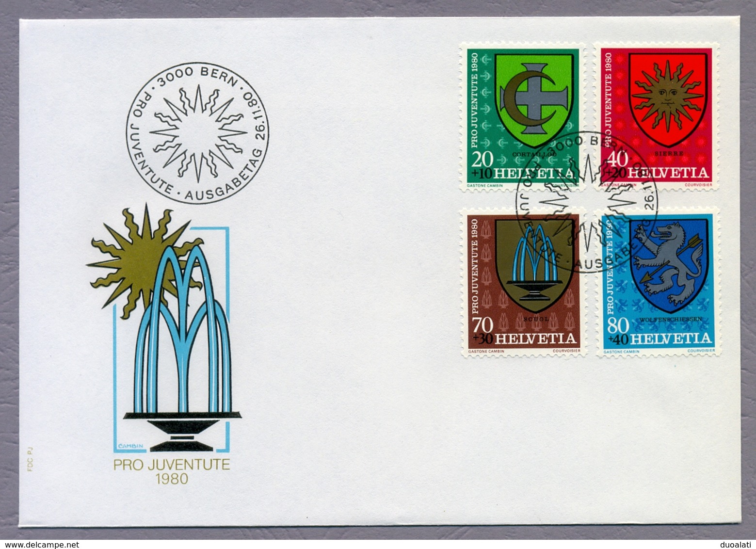 Switzerland Helvetia 1980 & 1981 2 X FDC Pro Juventute Municipality Coat Of Arms Gemeindewappen - Lettres & Documents