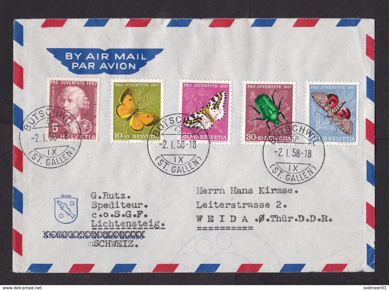 Switzerland: Airmail Cover To East Germany, 1958, 5 Stamps, Pro Juventute, Butterfly, Insect, Beetle (traces Of Use) - Brieven En Documenten