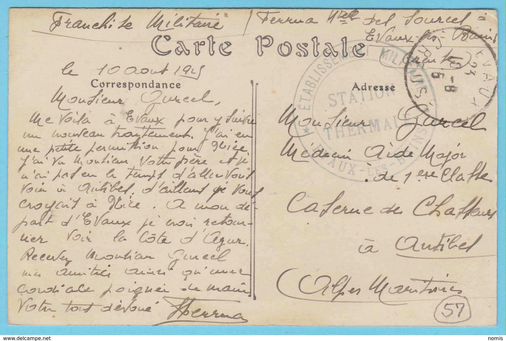 G.B. 01 - CPA Avec Cachet De Franchise- N° 57 - Etablissement Militaire Station Thermale - Evaux Les Bains (23) - Guerre 1914-18