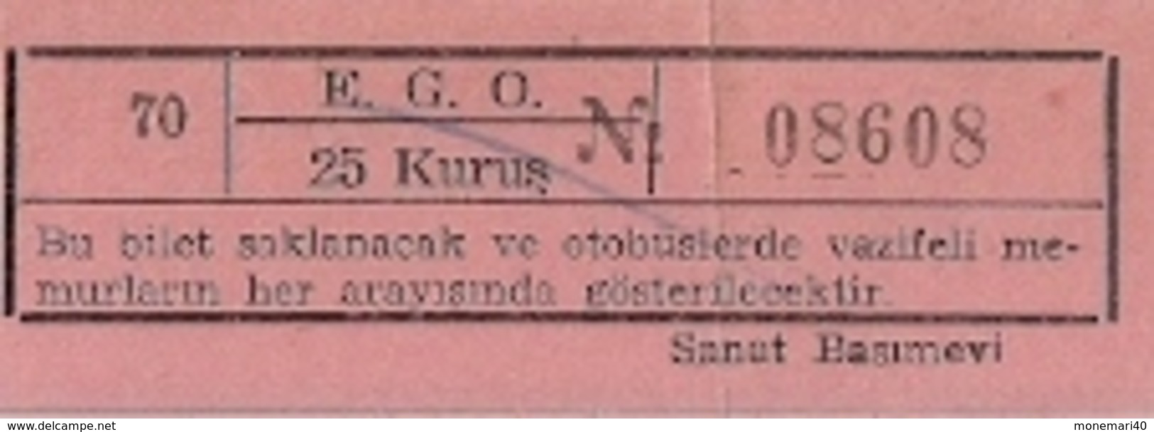 BILLET D'AUTOBUS - 25 LIVRES - TURQUIE. - Mondo