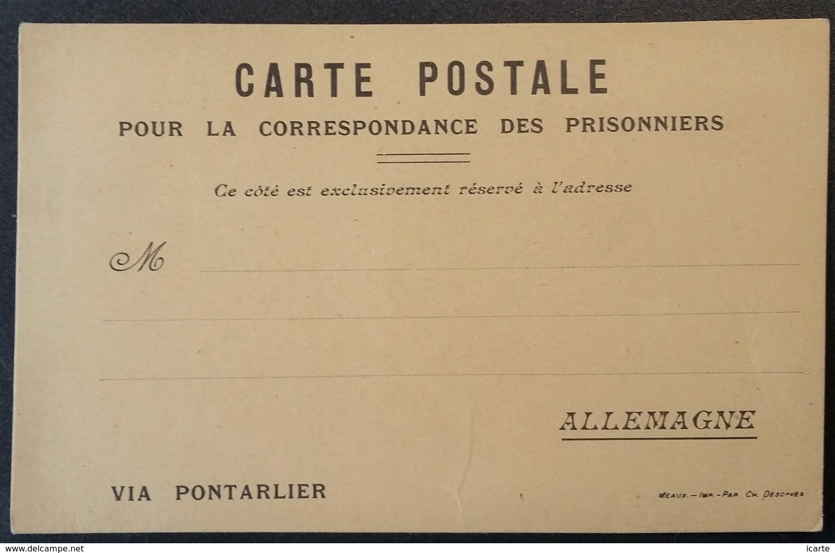 Carte De Franchise Militaire Pour Prisonnier De Guerre En Allemagne éditée à Meaux - Lettres & Documents