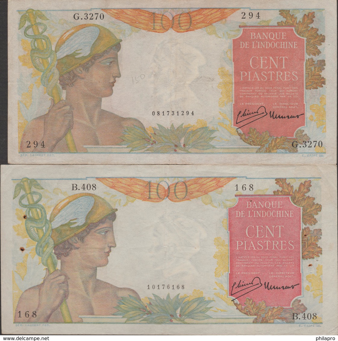 INDOCHINE    2 BANKNOTE   100Pi  Pick N° 82 A+b   FINE  See 3 Scans - Indochine