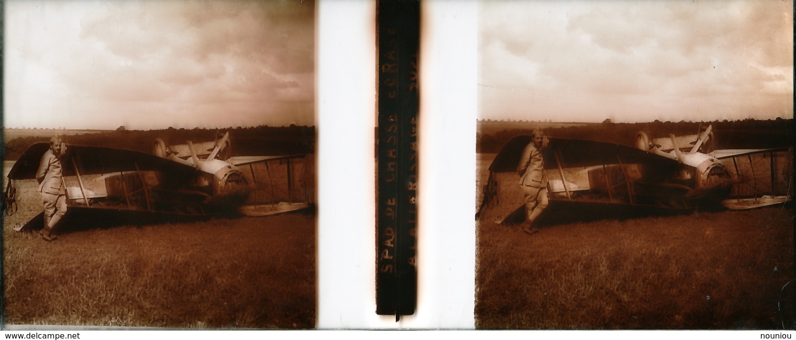 Photo Stéréoscopique Plaque De Verre Positif - SPAD De Chasse écrasé à L'atterrissage - Chasseur Biplan Guerre War WW1 - Plaques De Verre