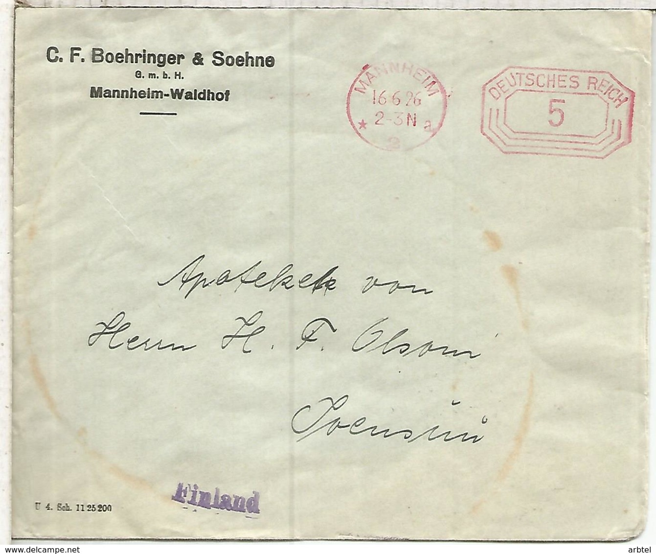 ALEMANIA MANNHEIM 1926 FRANQUEO MECANICO METER BOEHRINGER & SOEHNE - Cartas & Documentos