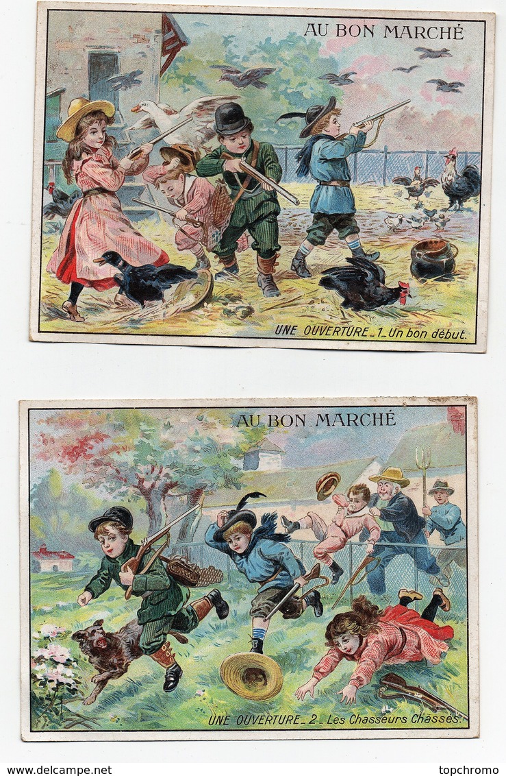 CHROMO Au Bon Marché Champenois Enfants Chasseurs Chasse Fusils Poules Taureau Lapin Gardes  (6 Chromos) - Au Bon Marché