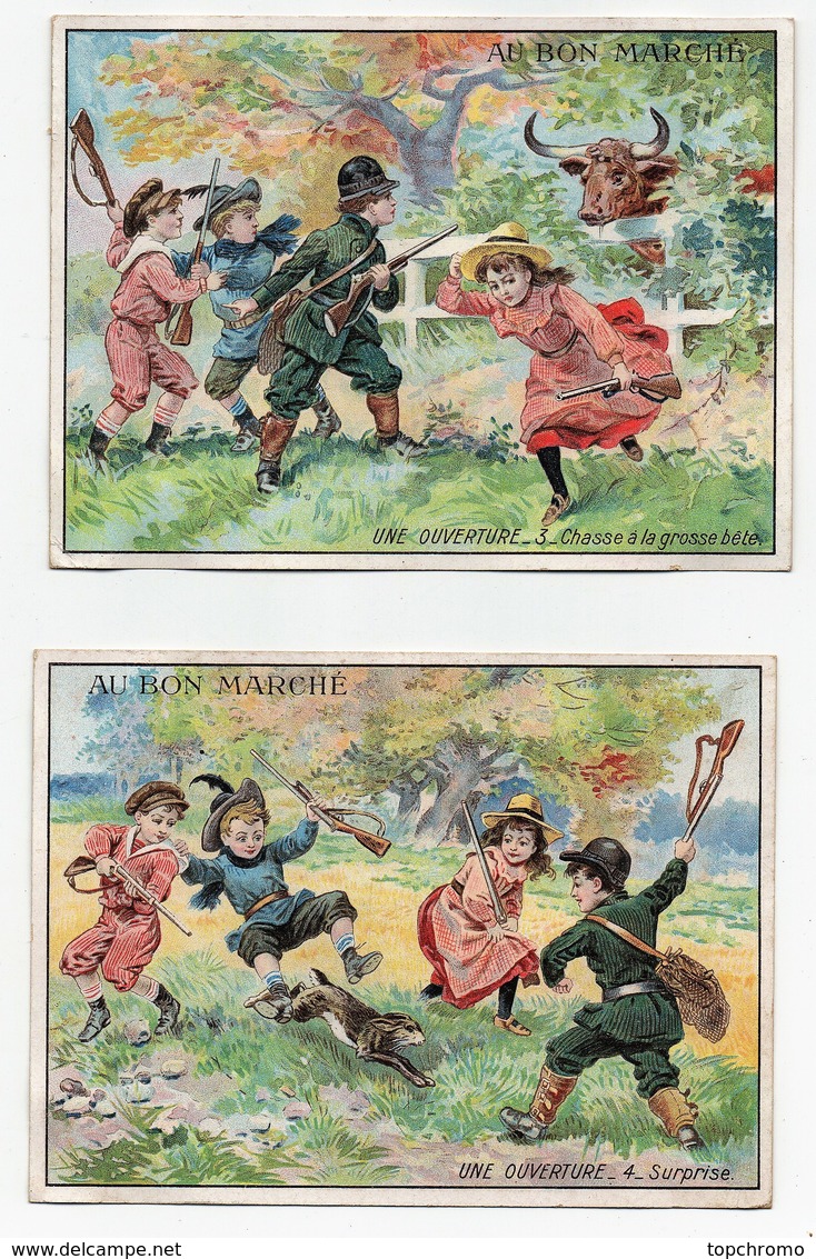 CHROMO Au Bon Marché Champenois Enfants Chasseurs Chasse Fusils Poules Taureau Lapin Gardes  (6 Chromos) - Au Bon Marché