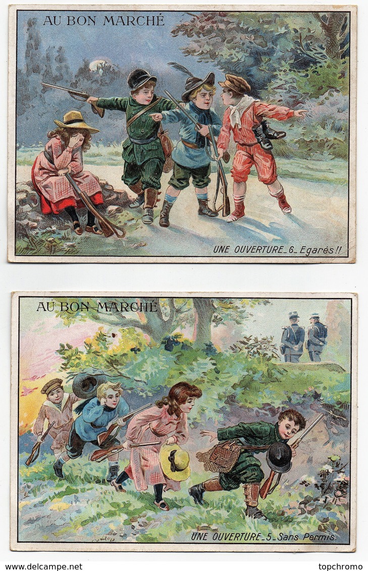 CHROMO Au Bon Marché Champenois Enfants Chasseurs Chasse Fusils Poules Taureau Lapin Gardes  (6 Chromos) - Au Bon Marché