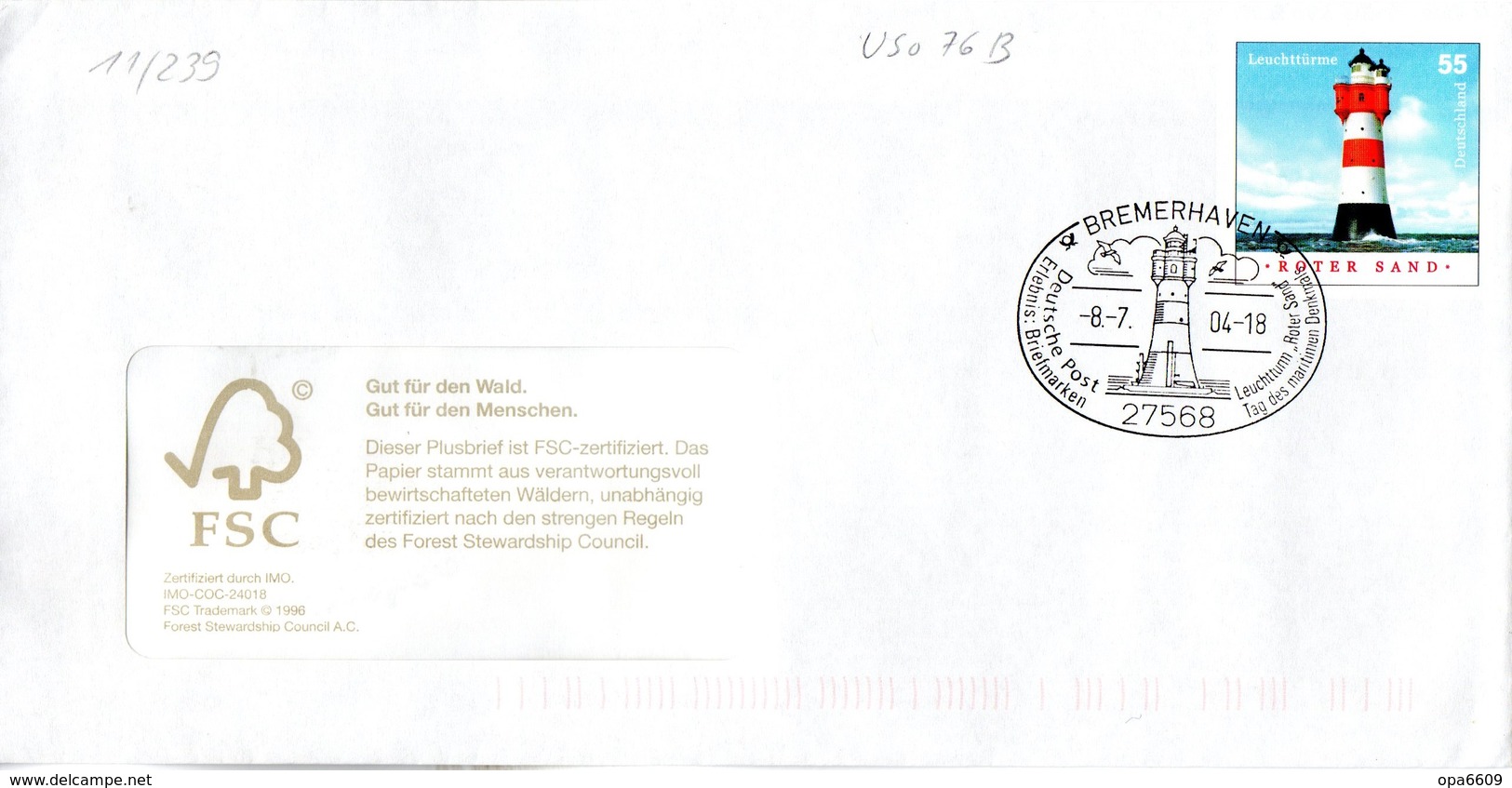 BRD Amtl.GZS-Umschlag (Langformat) USo 76B ,WSt 55(C) "Leuchtturm Roter Sand" ESSt 8.7.2004 BREMERHAVEN - Umschläge - Gebraucht