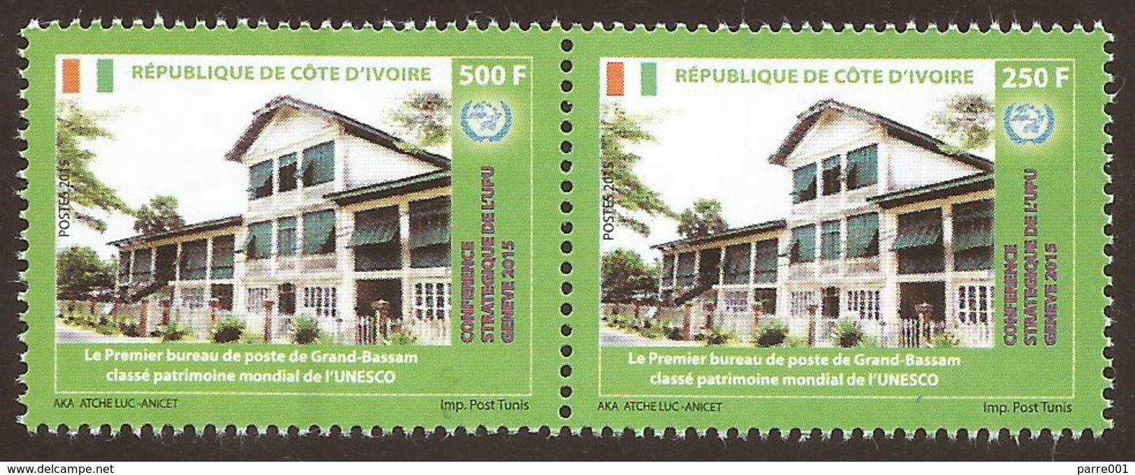 Côte D’Ivoire 2015 250 & 500F Se-tenant UPU Strategic Conference Grand-Bassam Unesco World Heritage Set Mint MNH - Ivory Coast (1960-...)