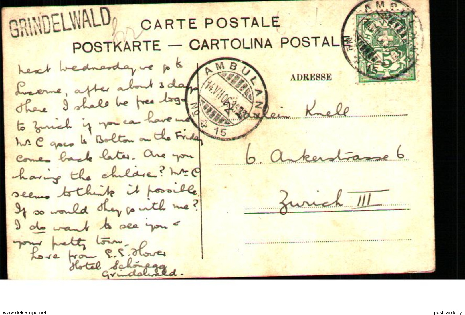 Ambulant  14 VII 06 No.15 Grindelwald TRP Railway Postmark - Documenti