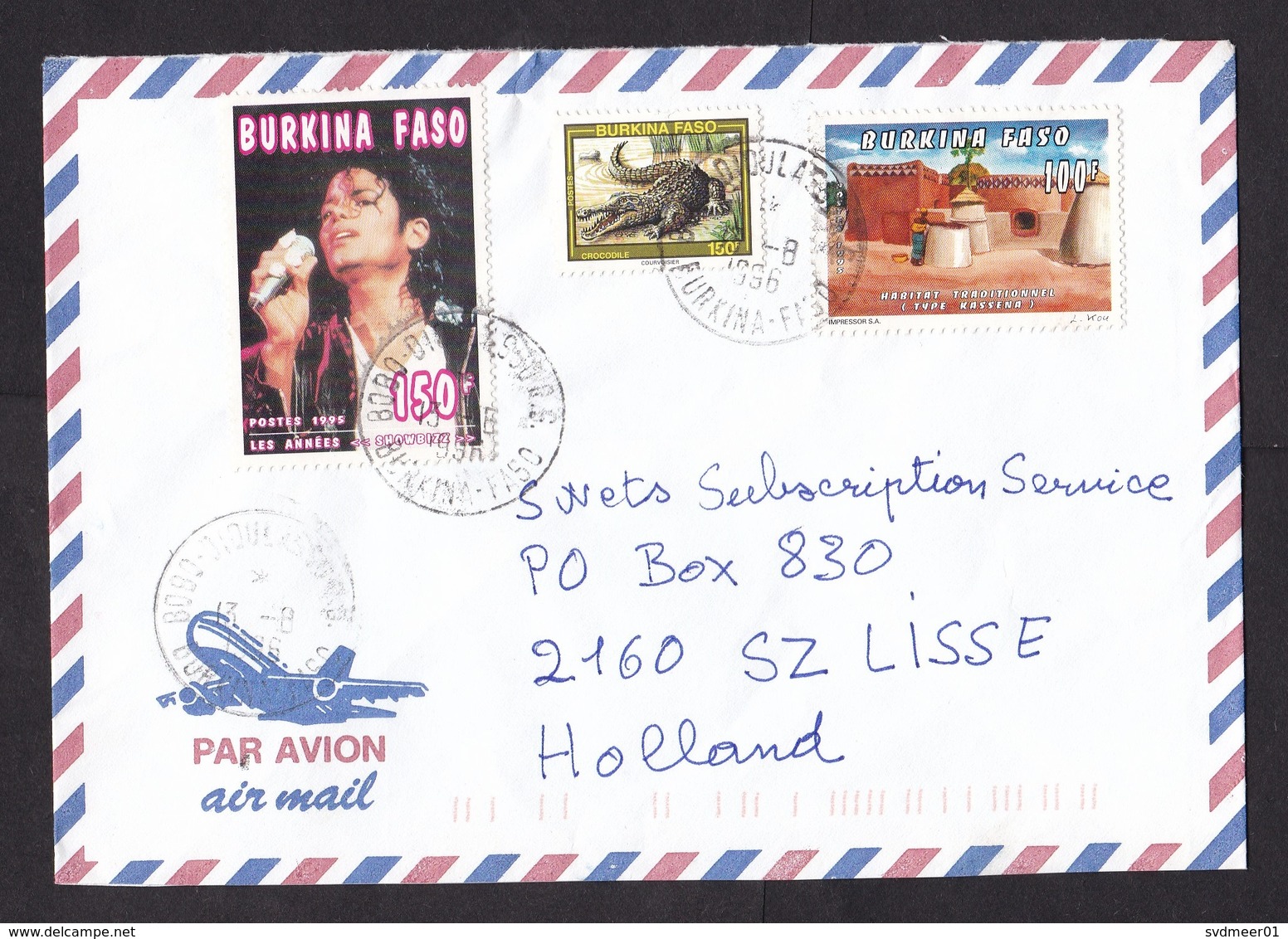 Burkina Faso: Airmail Cover To Netherlands, 1996, 3 Stamps, Michael Jackson, Pop Music, Crocodile, Rare! (traces Of Use) - Burkina Faso (1984-...)