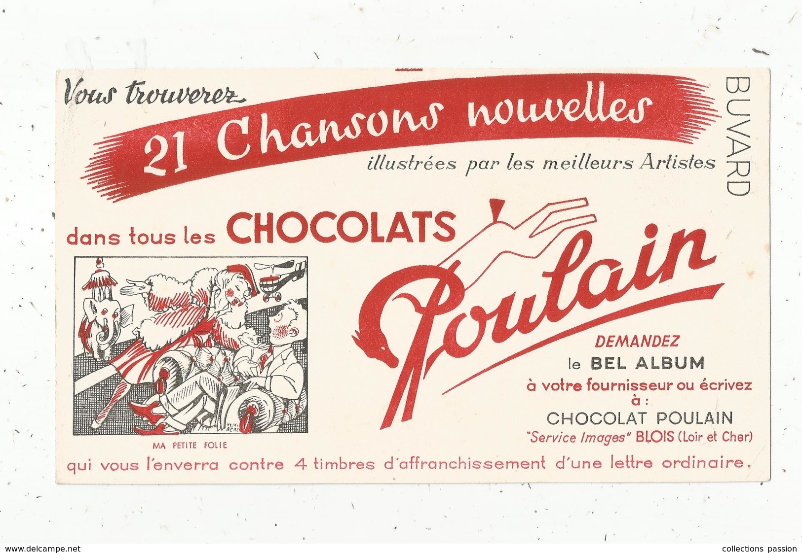 Buvard , Chocolats POULAIN ,21 Chansons ,MA PETITE FOLIE , Blois , Frais 1.55 E - Alimentaire