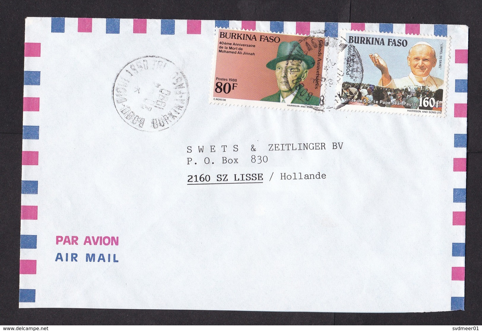 Burkina Faso: Airmail Cover To Netherlands, 1990, 2 Stamps, Jinnah, Pope John Paul, Rare Real Use (traces Of Use) - Burkina Faso (1984-...)