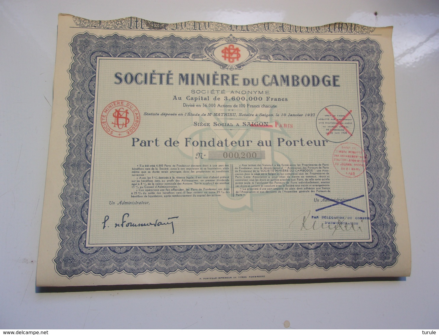 MINIERE DU CAMBODGE (saigon,indochine) - Other & Unclassified