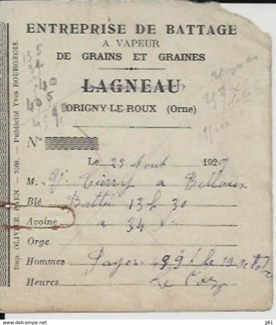 ORIGNY LE ROUX LAGNEAU ENTREPRISE DE BATTAGE A VAPEUR DE GRAINS ET GRAINES PETIT RECU ANNEE 1929 - Autres & Non Classés