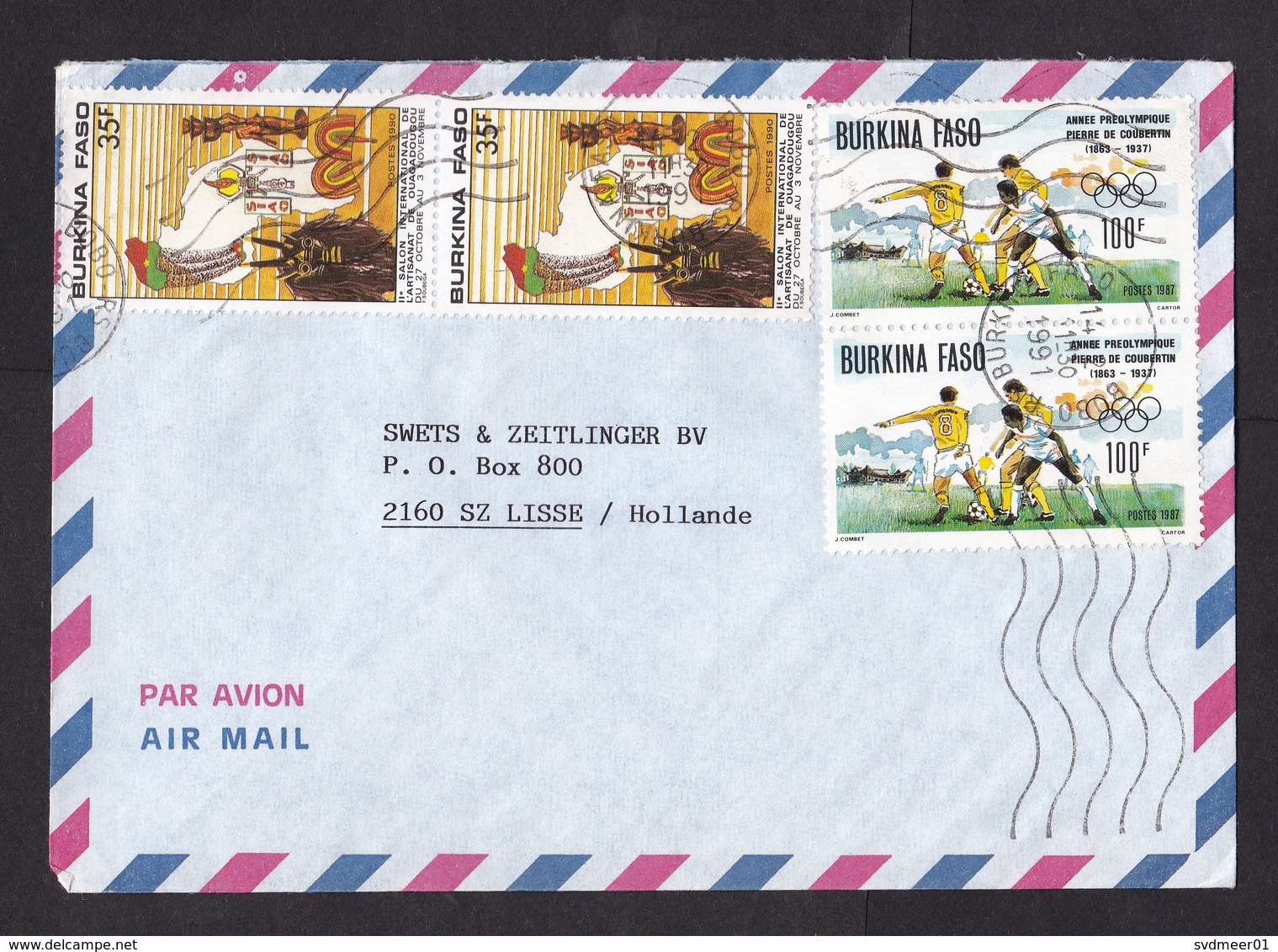 Burkina Faso: Airmail Cover To Netherlands, 1991, 4 Stamps, Olympics, Soccer, Football, Mask, Rare Use (traces Of Use) - Burkina Faso (1984-...)