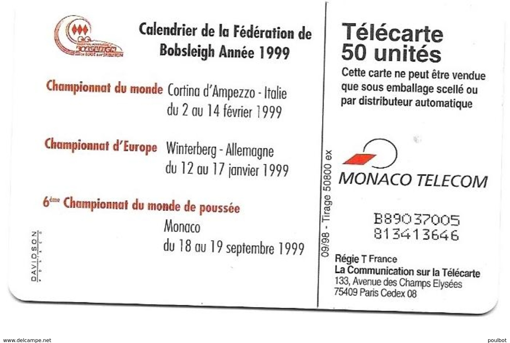 Télécarte Monaco  Bobsleigh - Monaco