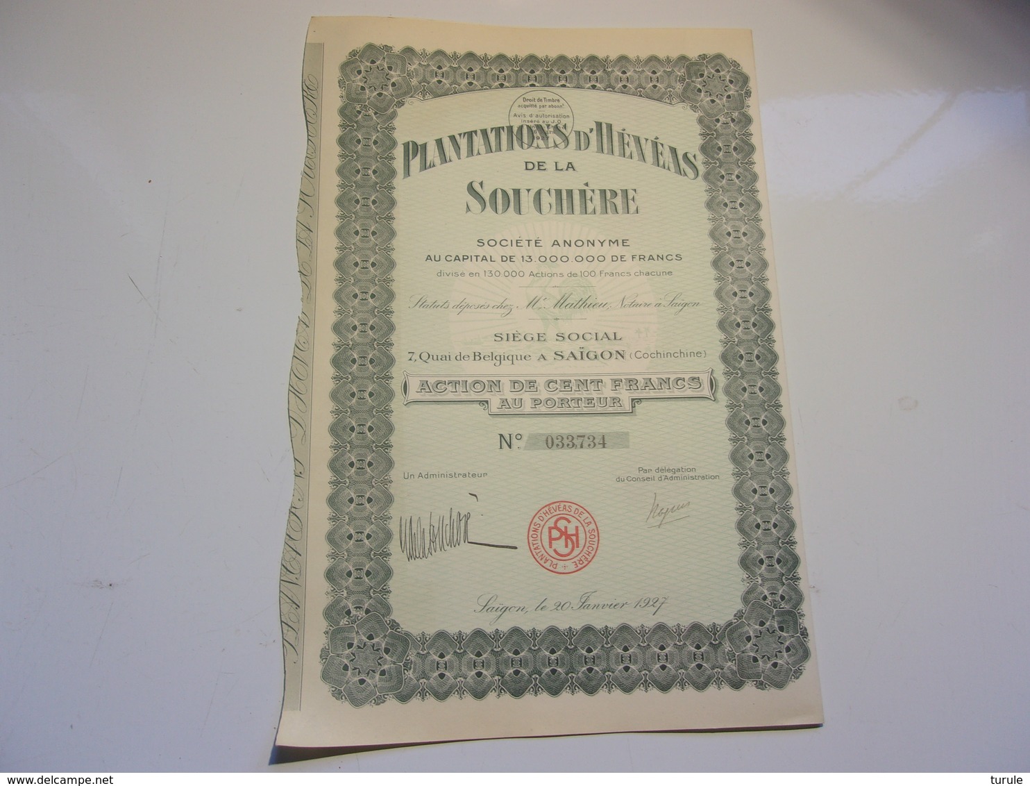 PLANTATIONS D'HEVEAS DE LA SOUCHERE (100 Francs) SAIGON,INDOCHINE - Autres & Non Classés