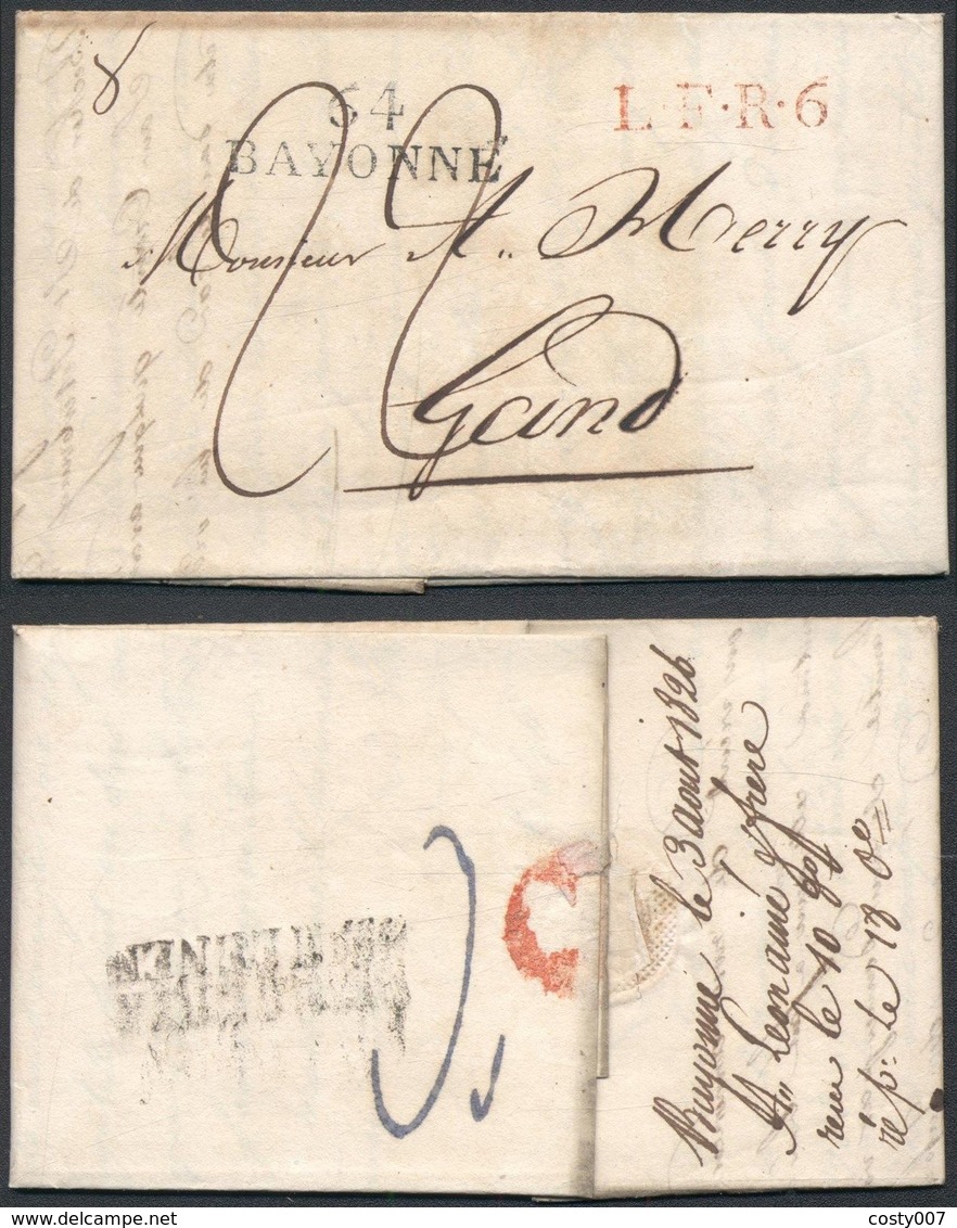 France Belgium 1826 Postal History Rare Stampless Cover + Content Bayonne 64 Gand DB.499 - Other & Unclassified