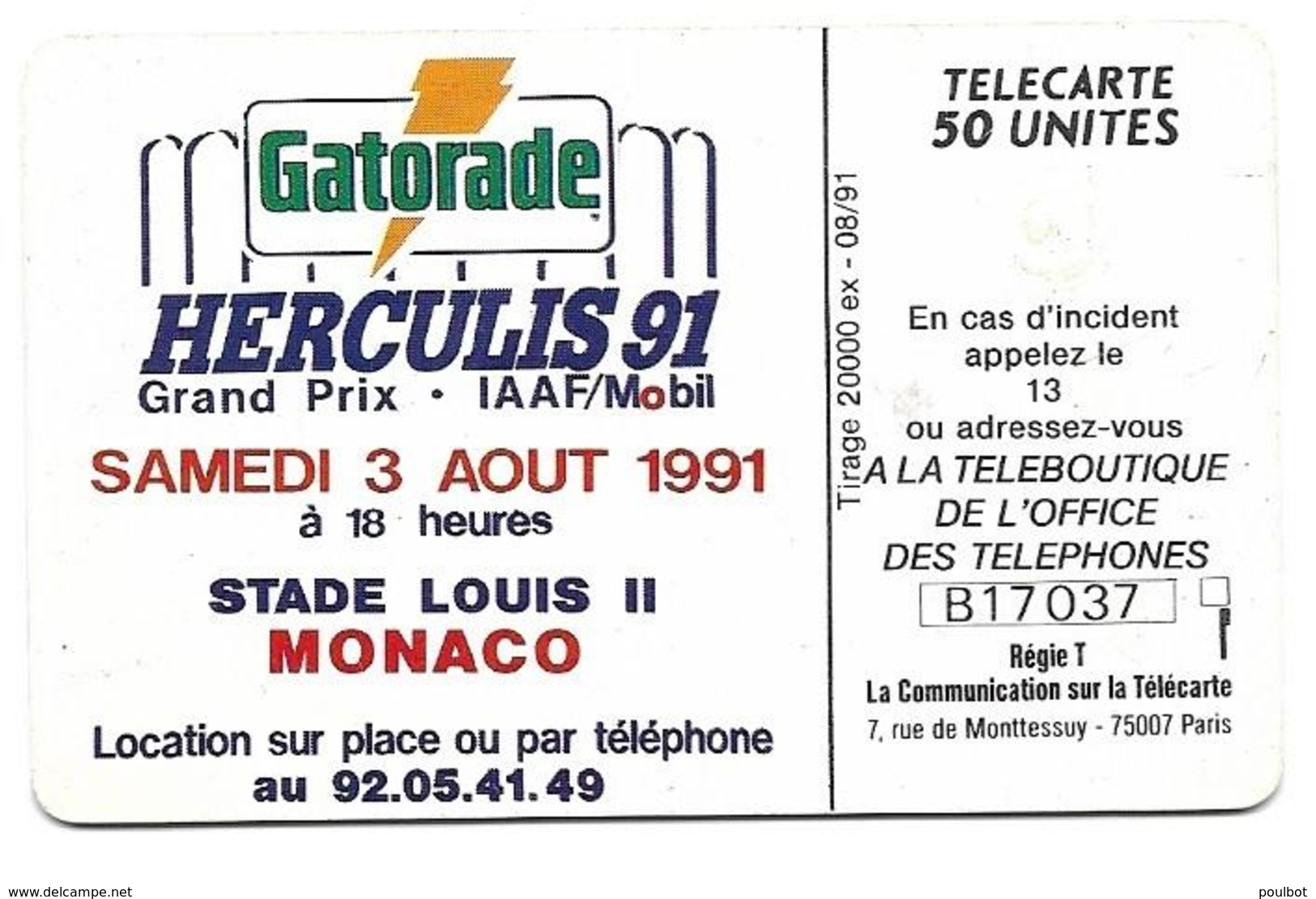 Télécarte Monaco MF15 Gatorade Herculis 91 - Monaco