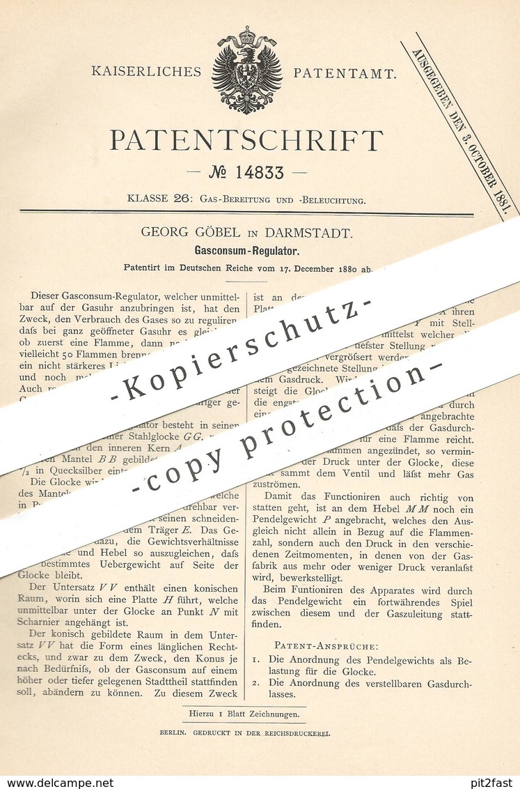 Original Patent - Georg Göbel , Darmstadt , 1880 , Gaskonsum - Regulator | Gasregulator | Gasuhr | Gas , Gase !!! - Historische Dokumente