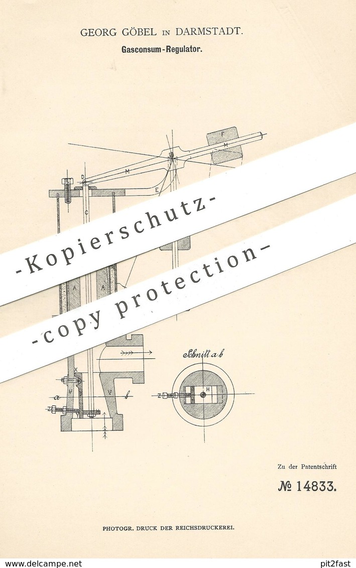 Original Patent - Georg Göbel , Darmstadt , 1880 , Gaskonsum - Regulator | Gasregulator | Gasuhr | Gas , Gase !!! - Historische Dokumente