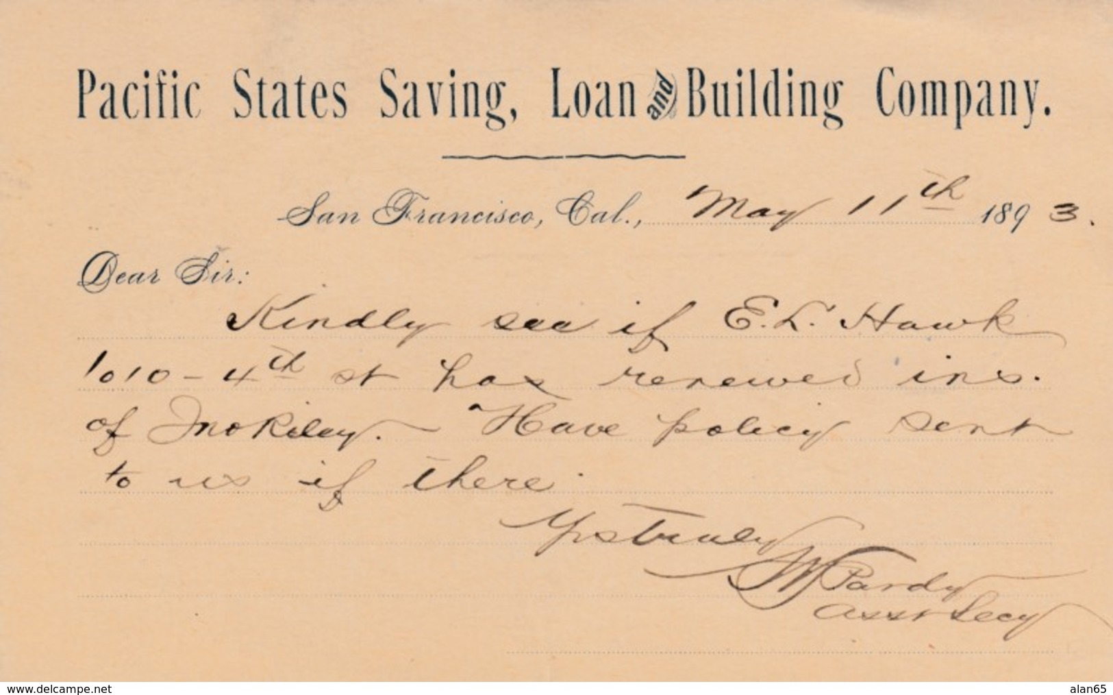 Sc#UX10 1c Grant 1891 Postal Card, Request For Property Insurance Policy, Pacific States Savings Loan & Building Company - ...-1900