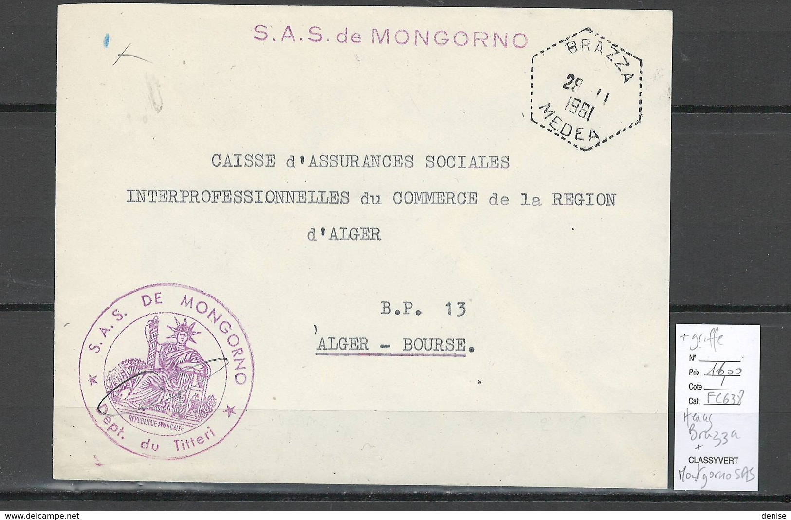 Algerie - Lettre  - Cachet Hexagonal BRAZZA + MONTGORNO SAS- Marcophilie - Lettres & Documents