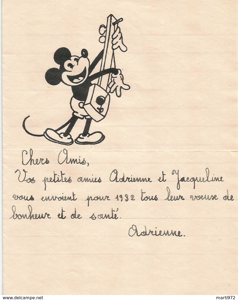 Papier Lettre Effigie Mickey Disney Voeux 1932 - Other & Unclassified