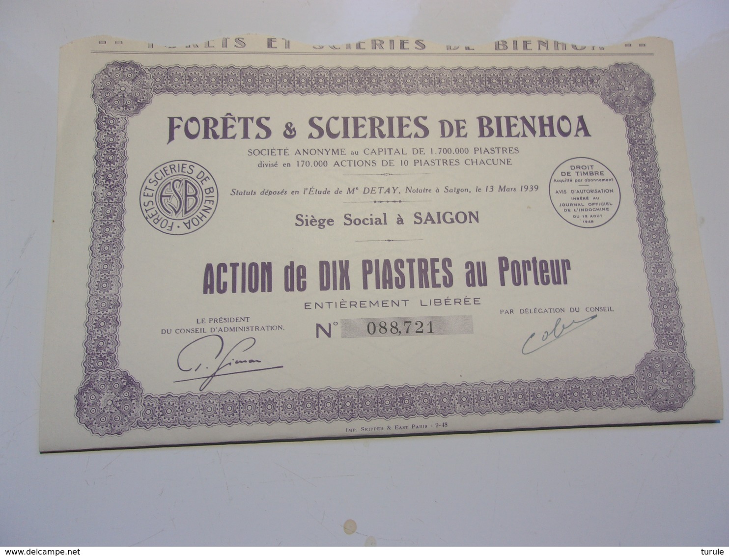 FORETS SCIERIES DE BIENHOA (dix Piastres) Saigon,indochine - Autres & Non Classés