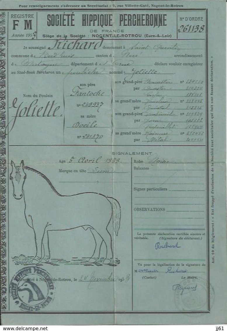 SOCIETE HIPPIQUE PERCHERONNE DE NOGENT LE ROTROU ANNEE 1953 BULLETIN A BERDHUIS NOCE A LA FERME SAINT QUENTIN - Autres & Non Classés