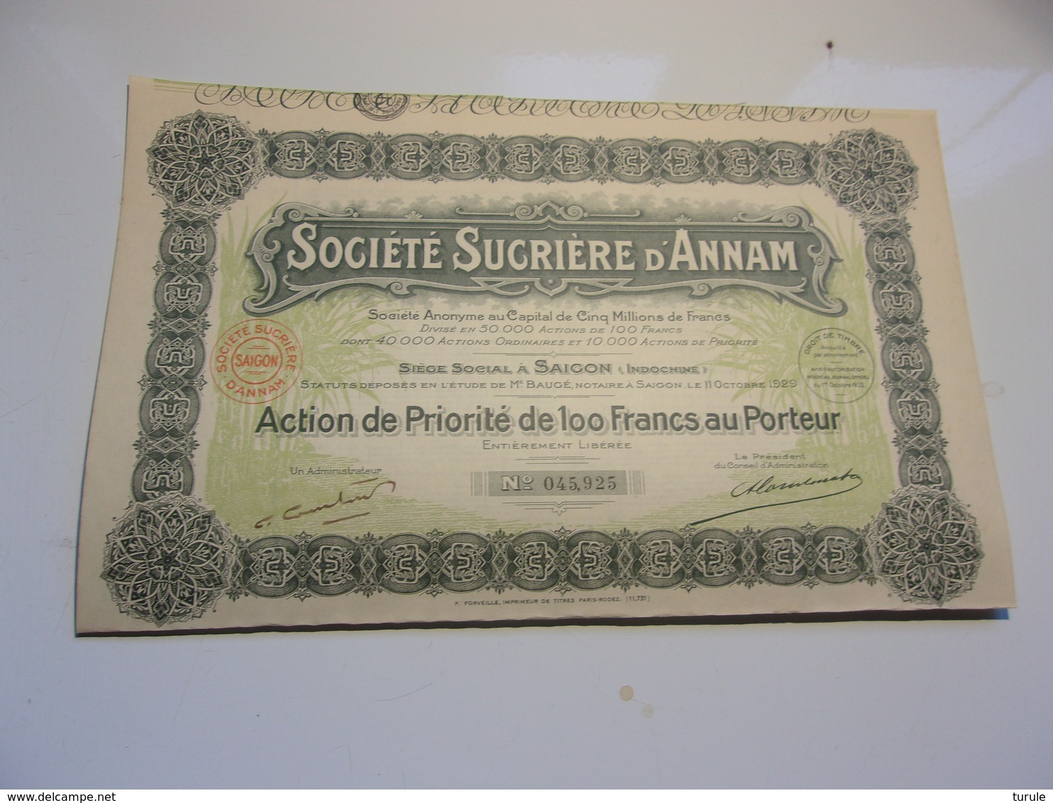 SUCRIERE D'ANNAM (priorité De 100 Francs) SAIGON,INDOCHINE - Autres & Non Classés