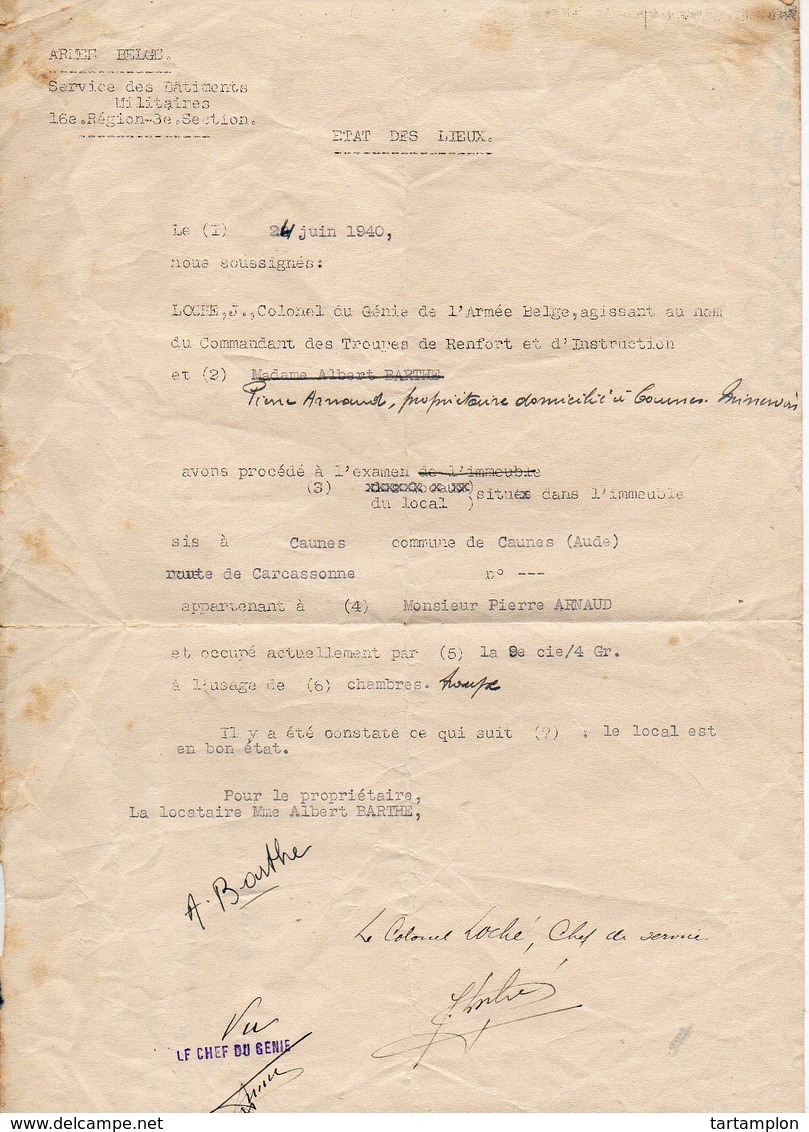 72/ LOCATION IMMEUBLE PAR ARMEE BELGE 1940 MINERVOIS - Documents