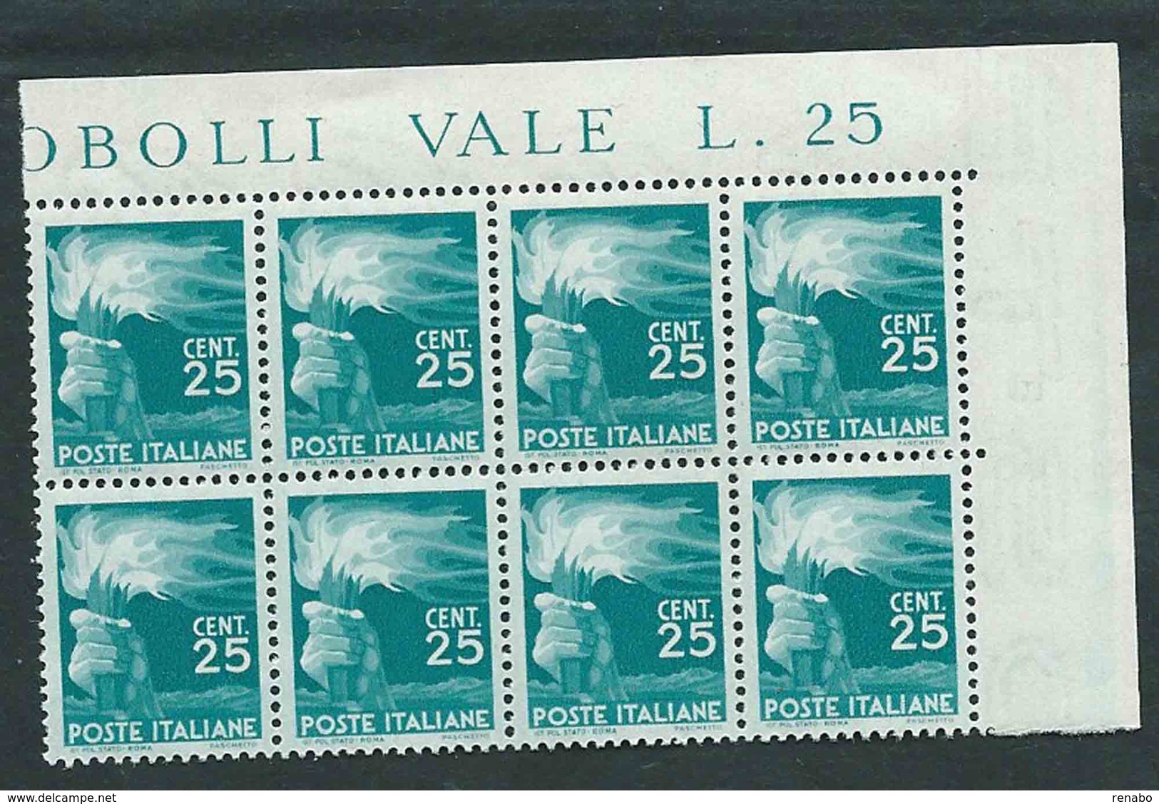 Italia 1946; Democratica 25 Cent. Blocco Di 8 Valori D' Angolo = 2 Quartine, + Il Prezzo Del Foglio. - 1946-60: Neufs