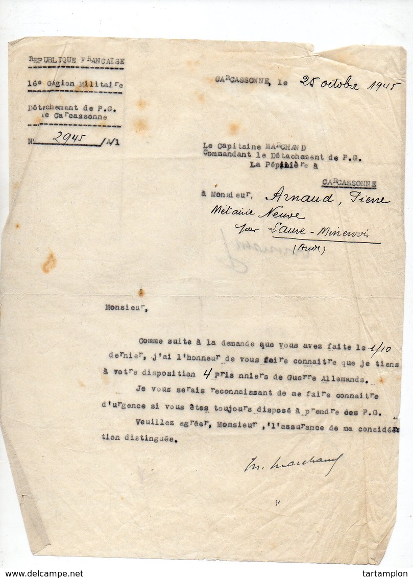 78/ PRISONNIERS GUERRE ALLEMANDS. MISE A DISPOSITION 1945 - Documents