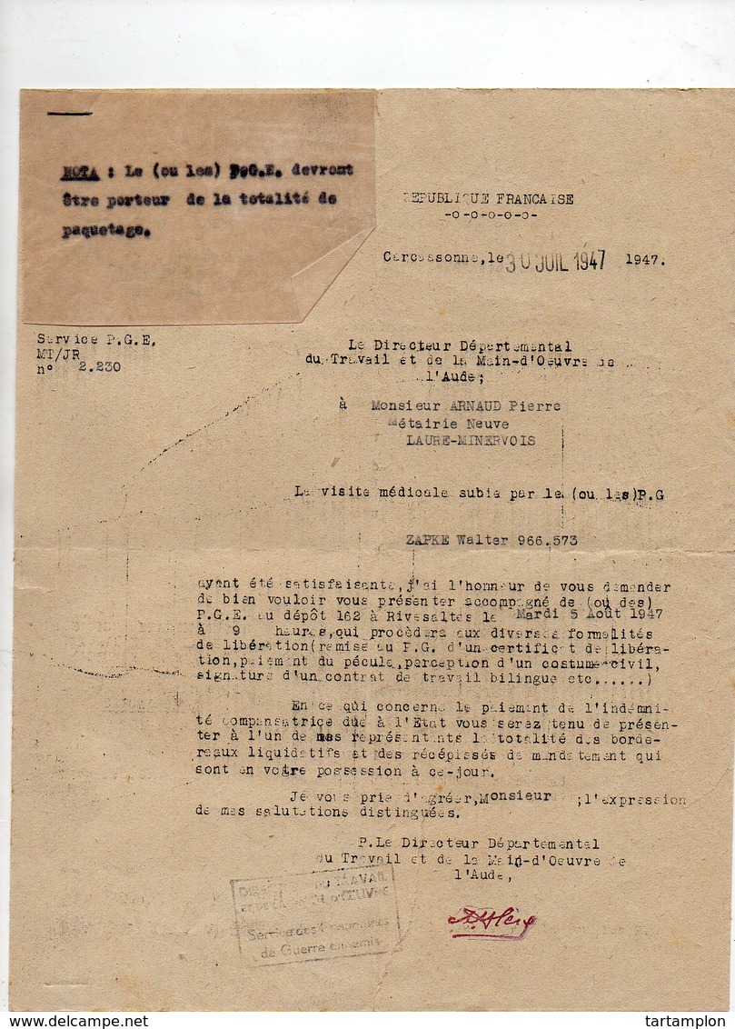 81/ PRISONNIERS GUERRE ALLEMANDS.TRANSFORMATION. LIBERATION. 1947 - Documents