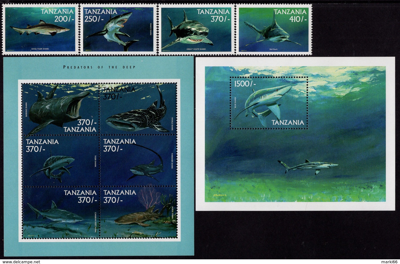 Tanzania - 1999 - Marine Life, Part II - Predators Of The Deep - Stamp Set + 2 Mint Sheetlets + 2 Souvenir Sheets - Tansania (1964-...)