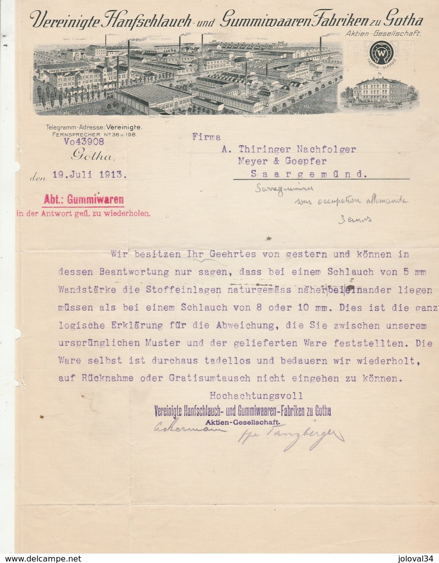 Allemagne Lettre Illustrée 19/7/1913 Vereinigte Hanfschlauch Und Gummiwaaren Fabriken GOTHA - 1900 – 1949