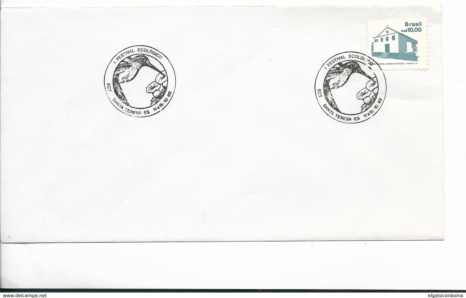 BRASIL YEAR 1989 COVER BIRDS ON SPECIAL POSTMARK  FIRST ECOLOGICAL FESTIVAL IN SANTA TERESA - Personalized Stamps