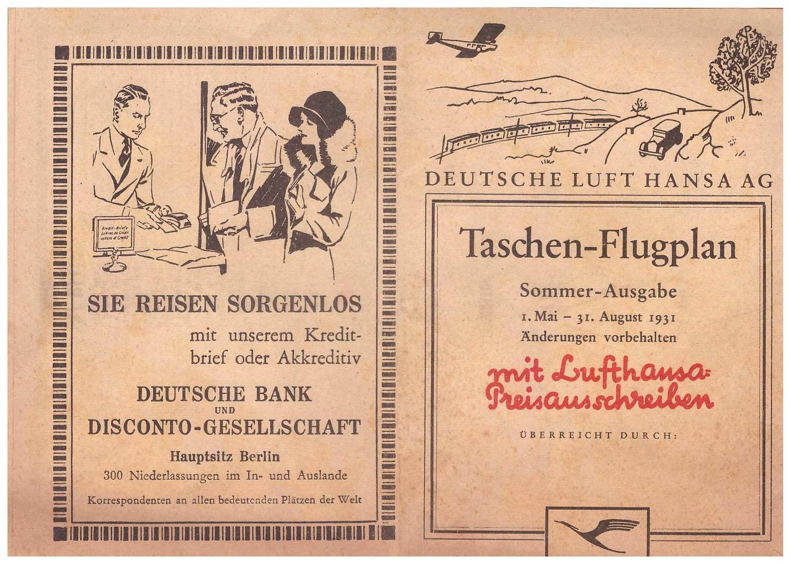 Deutsche Luft Hansa AG Sommer – Flugplan 1931 - Autres & Non Classés