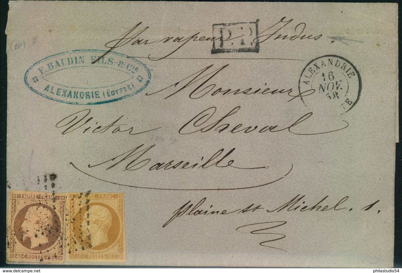 1858, ALEXANRIA, Folded Letter With 10 And 40 Cent. Napoleon III Nach Marseille - Autres & Non Classés