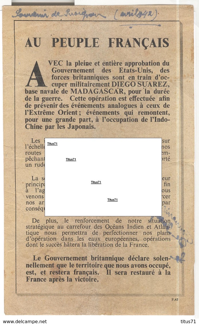 Tract Anglais " Au Peuple Français " Pour L'Occupation De Diego Suarez ( Madagascar ) 1942 Opération Ironclad - Documents