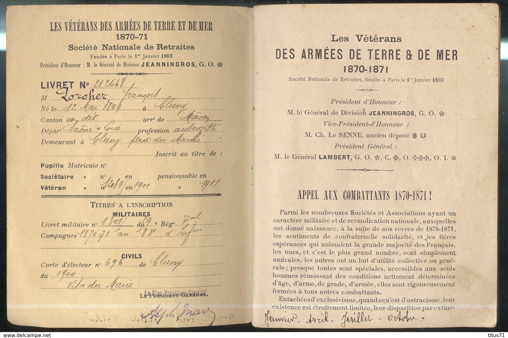 Carnet De Retraite " Les Vétérans Des Armées De Terre & De Mer 1870-1871 " - Documents