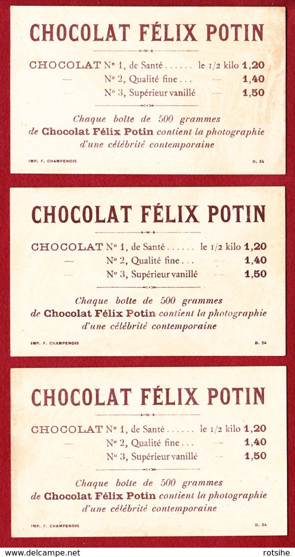 Chocolat FELIX POTIN Lot De 3 Chromos  Imp.  F. Champenois            Victorian Trade Card - Félix Potin