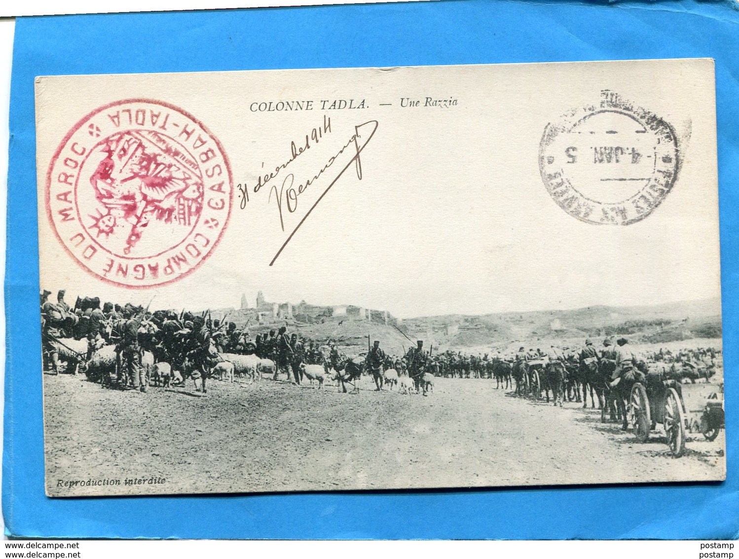 Marcophilie-campagne Du Maroc-carte Postale Une Razzia-cachet Rouge -campagne Du Maroc Casbah Tadla  Dec1914 - Cachets Militaires A Partir De 1900 (hors Guerres)