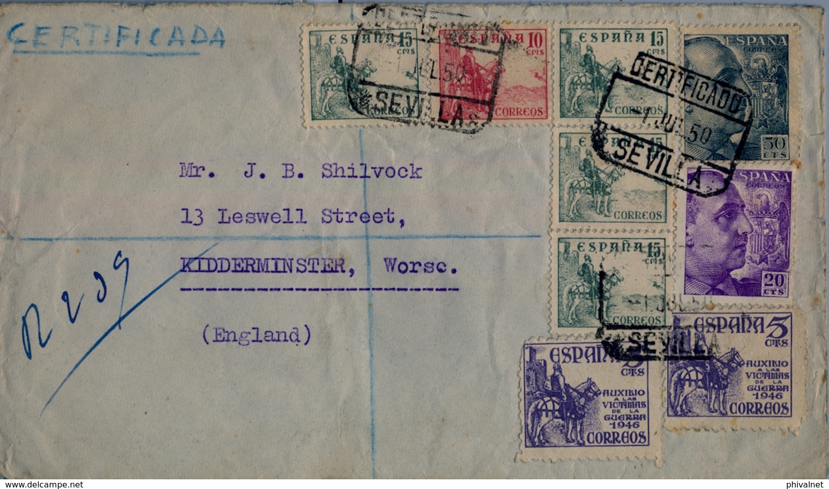 1950 ESPAÑA , SEVILLA - KIDDERMINSTER , SOBRE CERTIFICADO - Brieven En Documenten