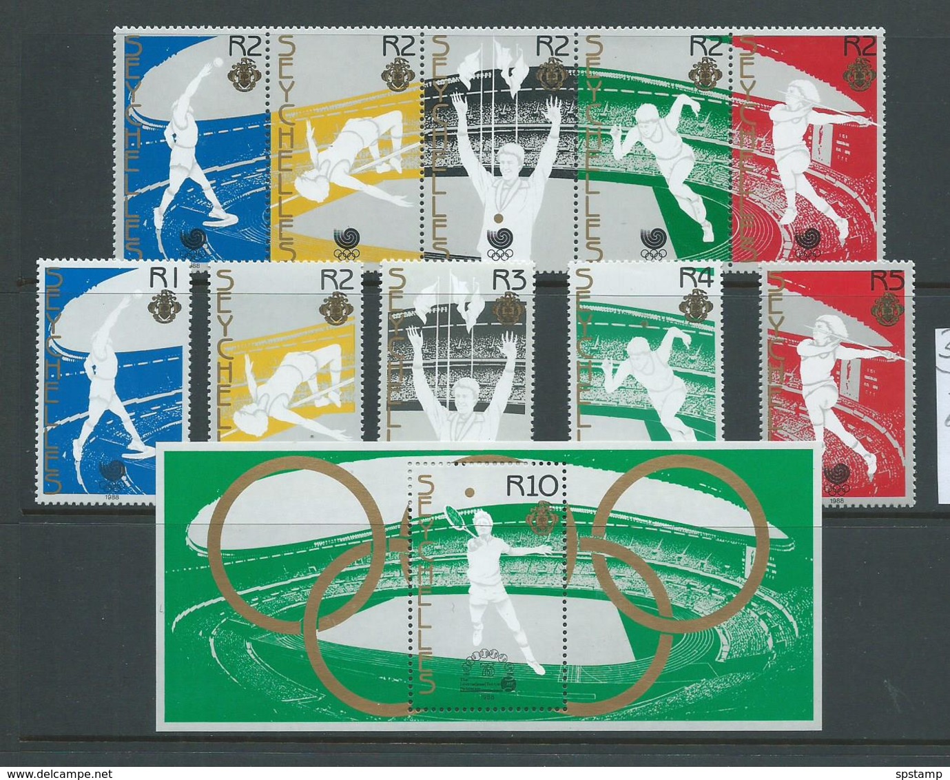 Seychelles 1988 Seoul Summer Olympic Games Set Of 5 Singles, Strip Of 5 & Miniature Sheet MNH - Seychelles (1976-...)