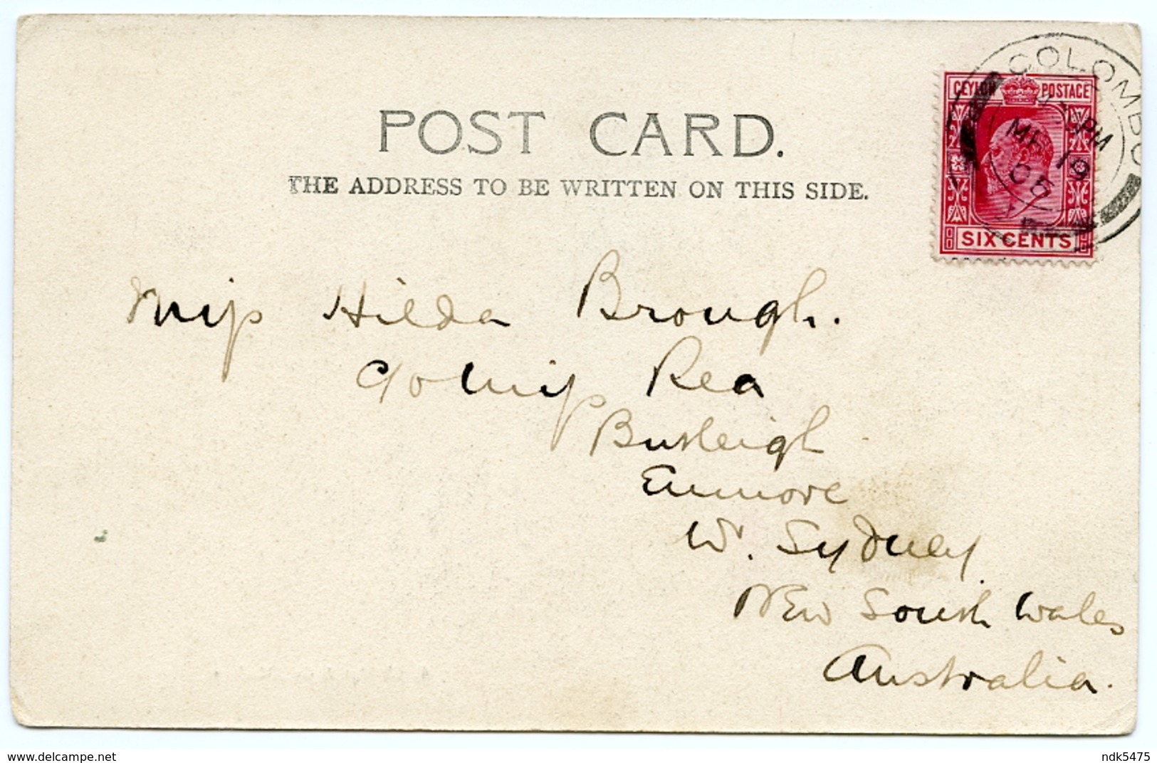 INDIAN ELEPHANTS / POSTMARK - COLOMBO, CEYLON SIX CENTS / ADDRESS - SYDNEY - ENMORE, BURLEIGH - Elephants